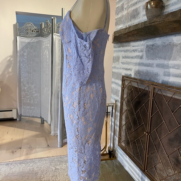 Design Lab Periwinkle Blue Lined Lace midi off shoulder dress - Picture 3 of 5